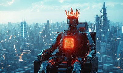 Robotic king overlooking futuristic city.