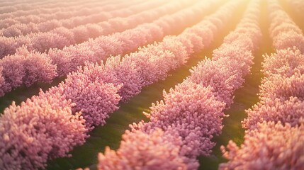 Aerial perspective of blooming orchard with orderly rows of pastel-colored trees, blossoms contrasting with lush green fields, sunlight enhancing delicate flower petals,