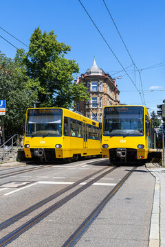 Stadtbahn Stuttgart light rail vehicles type DT 8 public transport on line U15 at Eugensplatz stop in Stuttgart, Germany