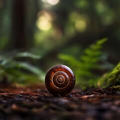 Close-up of snail shell spiral with tiny details, earthy forest floor background