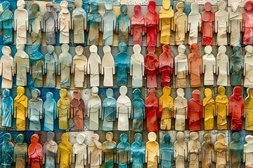 Obraz premium Colorful paper figures arranged in a mosaic pattern on a textured background.