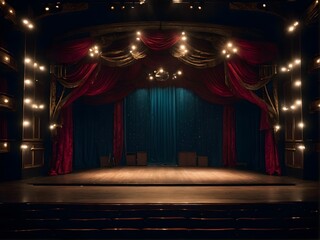 An empty theater stage with elegant red curtains and stairs
