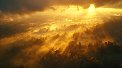 Obraz premium Aerial perspective of farmland blanketed in dense fog, soft light breaking through at sunrise, golden rays illuminating fields in patches, mist drifting over trees and fields,