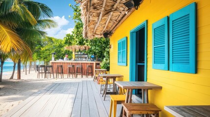 Caribbean bar with reggae band, colorful decor, tropical cocktails, Lively island bar