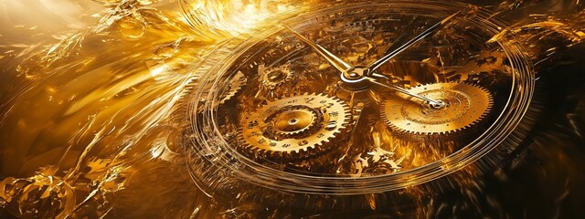 Dynamic Clock with Gears Spinning on an Abstract Background. AI generated illustration