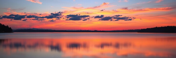 Naklejka premium Vibrant and colorful sunset reflecting on a calm lake, creating a picturesque wallpaper, serene, vibrant