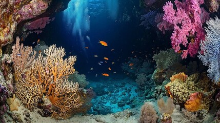 A vibrant underwater scene with coral reef, colorful fish, and sunlight streaming through the water.