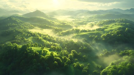 Aerial perspective of rolling green hills, dense trees covering slopes and valleys, sunlight casting a natural glow over the landscape, gentle mist between hills, vibrant and peaceful countryside,