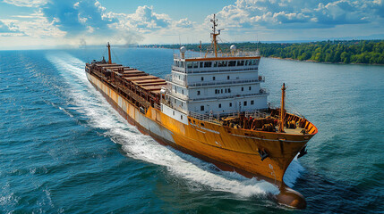 orange cargo ship sailing on calm blue water
