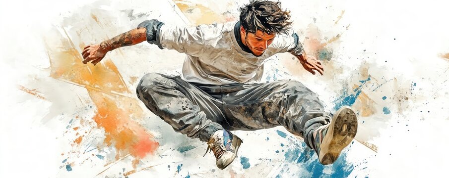 Parkour athlete rolling to land, soft clouds of dust rising, watercolor style