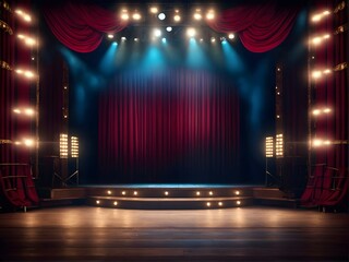 An empty theater stage with elegant red curtains and stairs