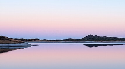Fototapeta premium Serene sunrise over a calm lake with pink and purple hues reflecting in the water.