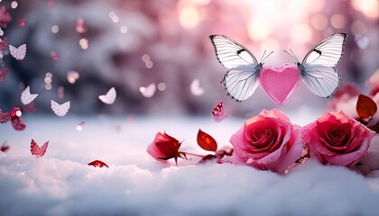 Fototapeta premium A couple butterflies hold pink heart shape flying on red rose petals and winter snow background Valentine concept