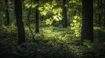 Obraz premium Sunlight dappling through the leaves in a dense forest.