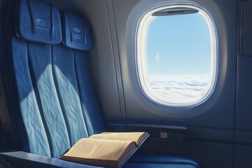 Airplane Interior with Blue Seats and Window View. AI generated illustration
