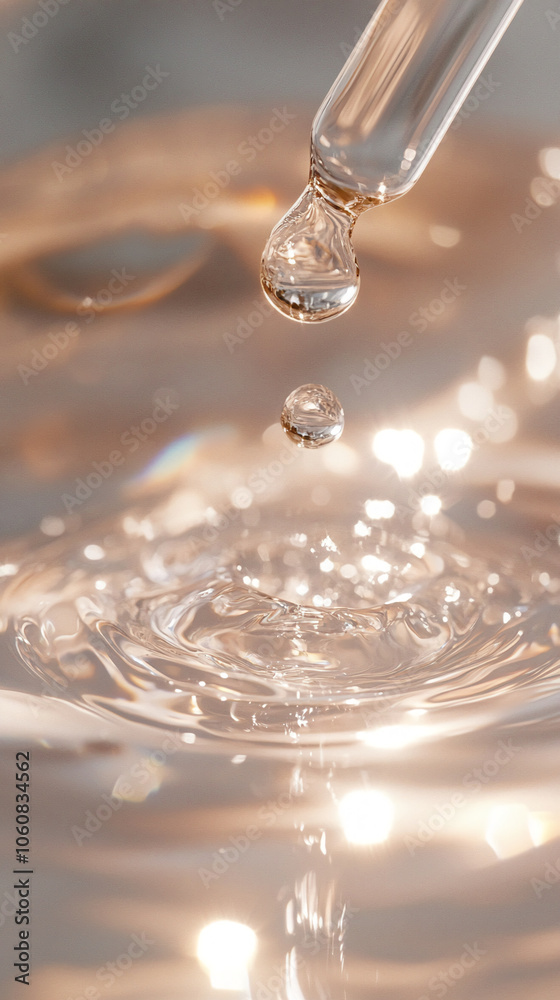 Poster a clear liquid drop falls from a dropper into a pool of shimmering water