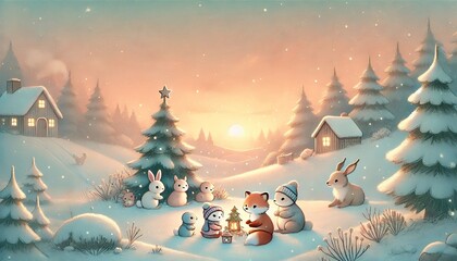 A Cozy Christmas Eve with Woodland Friends: A Gentle Winter Sunset Gathering in Soft Pastel Tones