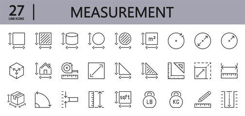 Measurement line icons set with Measure, Area, Dimension, Distance, Diameter, Meter, Width, Radius and more. Editable Stroke