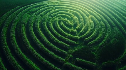 Naklejka premium Aerial shot of circular farmland irrigation patterns, varying shades of green creating a mosaic effect, clear lines of crops arranged in large circles, bright sunlight accentuating textures,