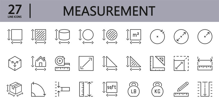 Measurement line icons set with Measure, Area, Dimension, Distance, Diameter, Meter, Width, Radius and more. Editable Stroke