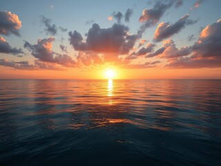 Vibrant sunrise over calm ocean waters, casting a golden glow on the horizon, colorful, morning