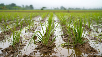 Obraz premium Close-up view of young rice plants growing in a flooded paddy field. The water reflects the overcast sky, creating a serene and tranquil atmosphere.