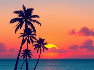 Obraz premium Vibrant sunrise over a calm ocean with silhouetted palm trees, sunrise, peaceful