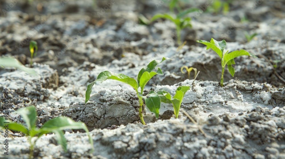 Canvas Prints Close-up of green plant seedlings emerging from dry, white soil. The soil is parched and cracked, highlighting the resilience of the new life pushing through.