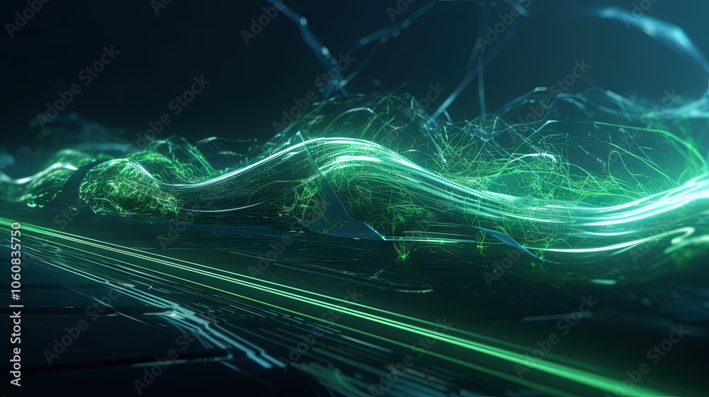 Poster Abstract light streaks in a dynamic digital space with glowing green elements