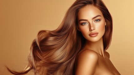 Naklejka premium beautiful woman with rich, flowing auburn hair on a warm beige background, highlighting beauty and elegance.
