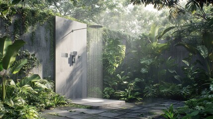Lush Tropical Outdoor Shower in Verdant Garden Oasis