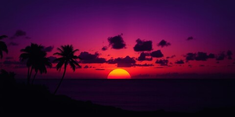 Naklejka premium Vibrant orange and purple sunset over the ocean with silhouetted palm trees, calm, scenic