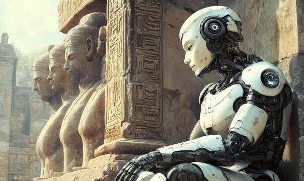 A robotic figure sits among ancient statues.
