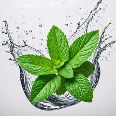 Fresh mint leaves in splashes of water isolated on white background