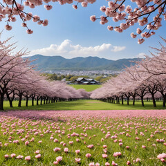 A beautiful park with a view full of cherry blossoms in full bloom