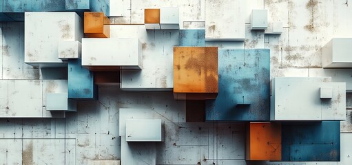 Geometric Shapes and Cubes in Blue, Brown, and White for Technology Concept. AI generated illustration.