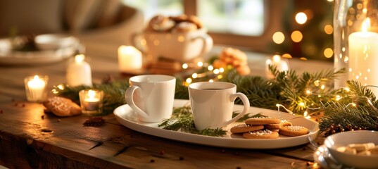 Naklejka premium Cozy Family Holiday Gathering with Hot Chocolate and Festive Cookies for a Joyful Celebration