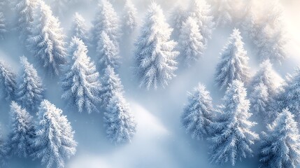 Aerial view of a dense pine forest blanketed in fresh snow, snow-covered treetops creating geometric patterns, soft sunlight casting gentle shadows on the white landscape, crisp winter atmosphere,