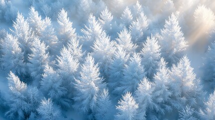 Aerial view of a dense pine forest blanketed in fresh snow, snow-covered treetops creating geometric patterns, soft sunlight casting gentle shadows on the white landscape, crisp winter atmosphere,