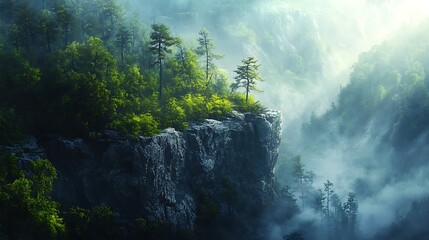 Aerial view of a forest following the edge of a steep mountain, cliffs and dense trees creating a textured landscape, sunlight casting dramatic highlights and shadows,