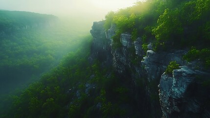 Aerial view of a forest following the edge of a steep mountain, cliffs and dense trees creating a textured landscape, sunlight casting dramatic highlights and shadows,