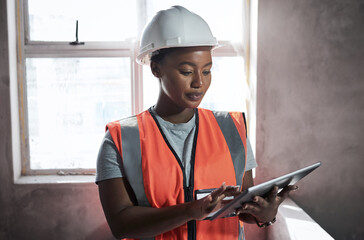 Black woman, tablet and construction site as engineer, supervisor or project manager on property....