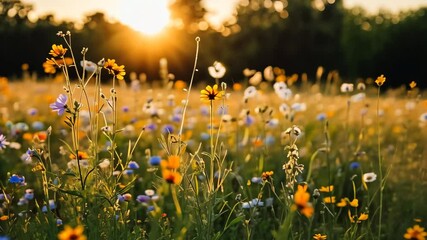 Wildflowers bloom in a field at sunset, bathed in golden light
