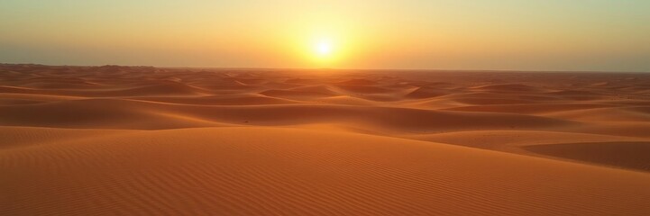 Vast barren desert landscape with towering sand dunes under clear blue sky, emptiness, endless