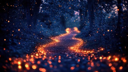 enchanting forest path illuminated by twinkling fireflies under a starry night sky creating a whimsical and peaceful atmosphere