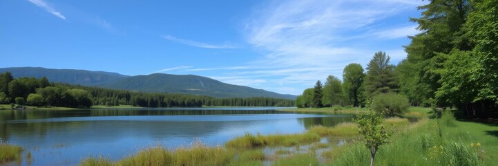 Tranquil lake surrounded by lush greenery reflecting a clear blue sky above, blue, calm