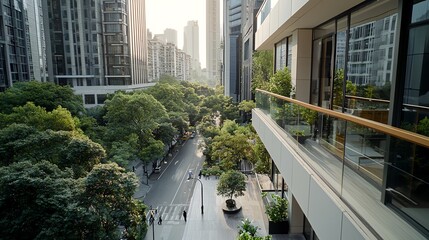 Forest thriving around urban buildings, showing harmonious balance of carbon neutrality, green city