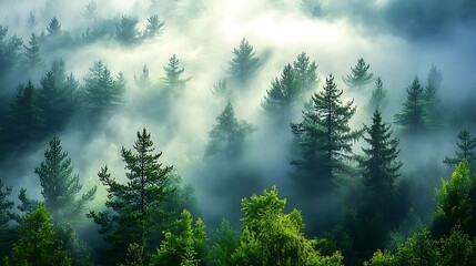 Bird’s-eye perspective over a fog-covered pine forest, dense layers of trees partially hidden by mist, low sunlight creating gentle highlights, mysterious and atmospheric scene,