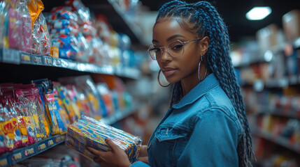 Obraz premium A young woman examines a pack of candy while standing in a bustling grocery store aisle lined with bright snack options