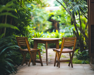 Obraz premium Tranquil garden setting with wooden table and chairs surrounded by lush greenery, creating a peaceful atmosphere perfect for relaxation and enjoying nature's beauty.